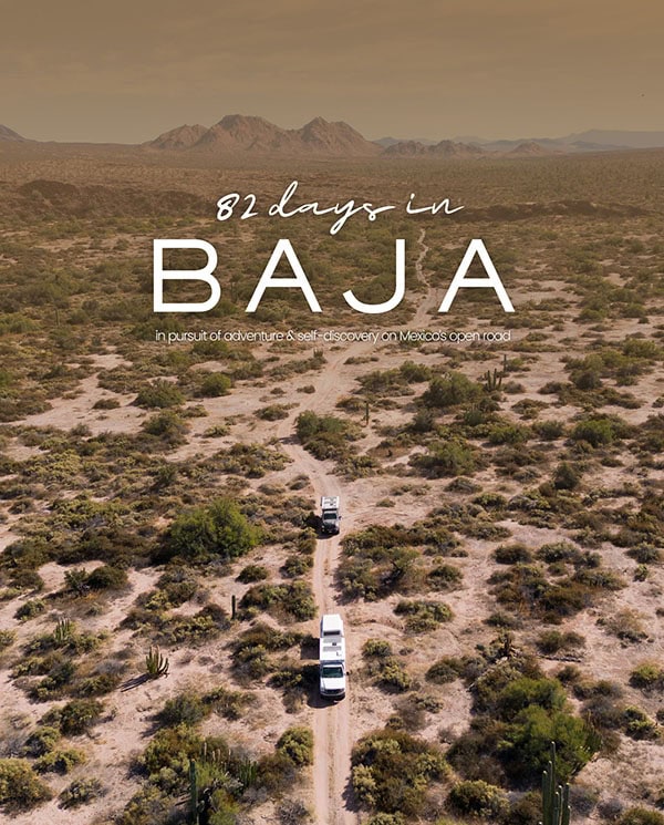 Overlanding vehicles on dusty Baja trail, exploring off-grid boondocking with Four Wheel Camper.
